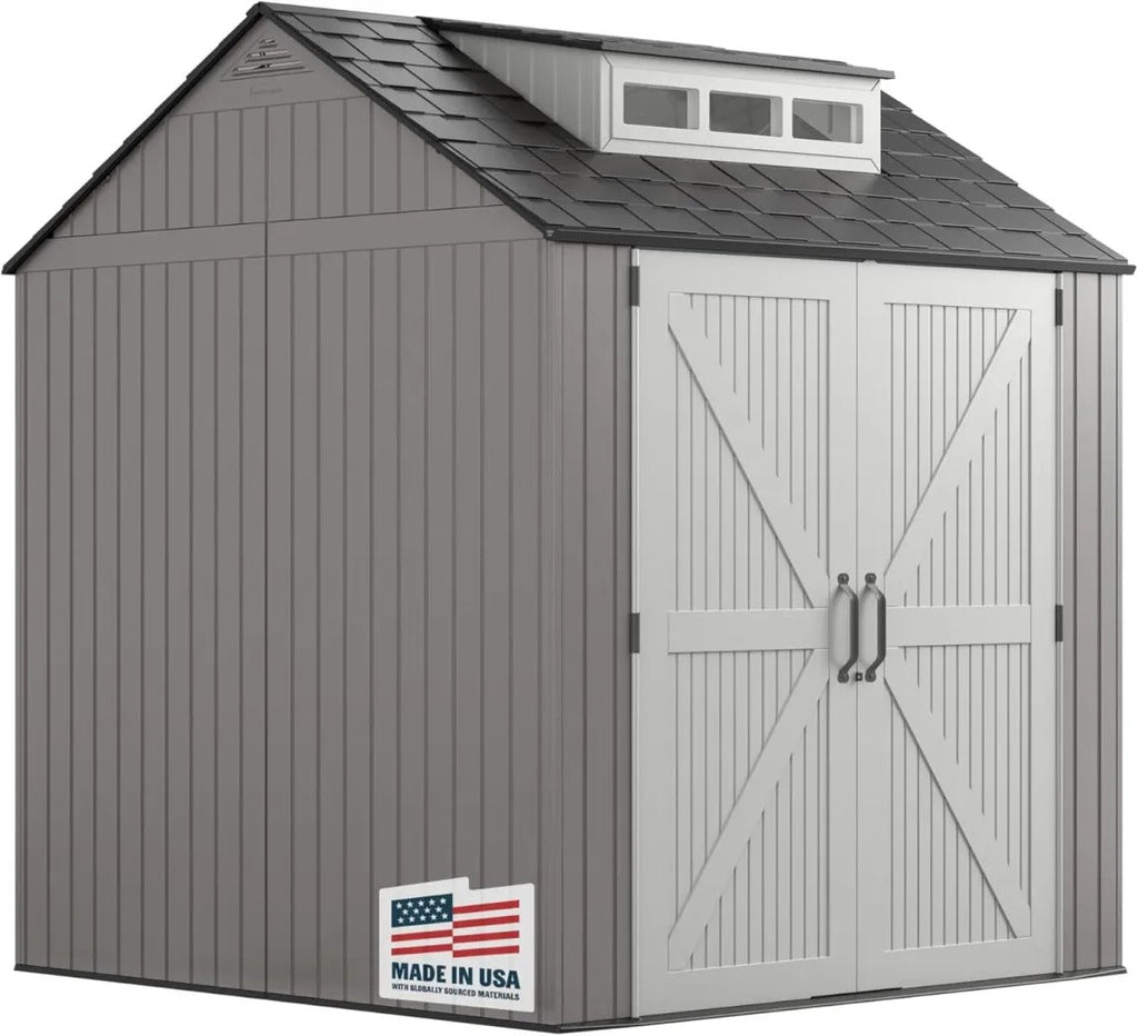 Rubbermaid resin garden shed with floor (2.13 x 2.13 m), weatherproof, grey, for storing garden tools, lawnmowers, bicycles and pool accessories