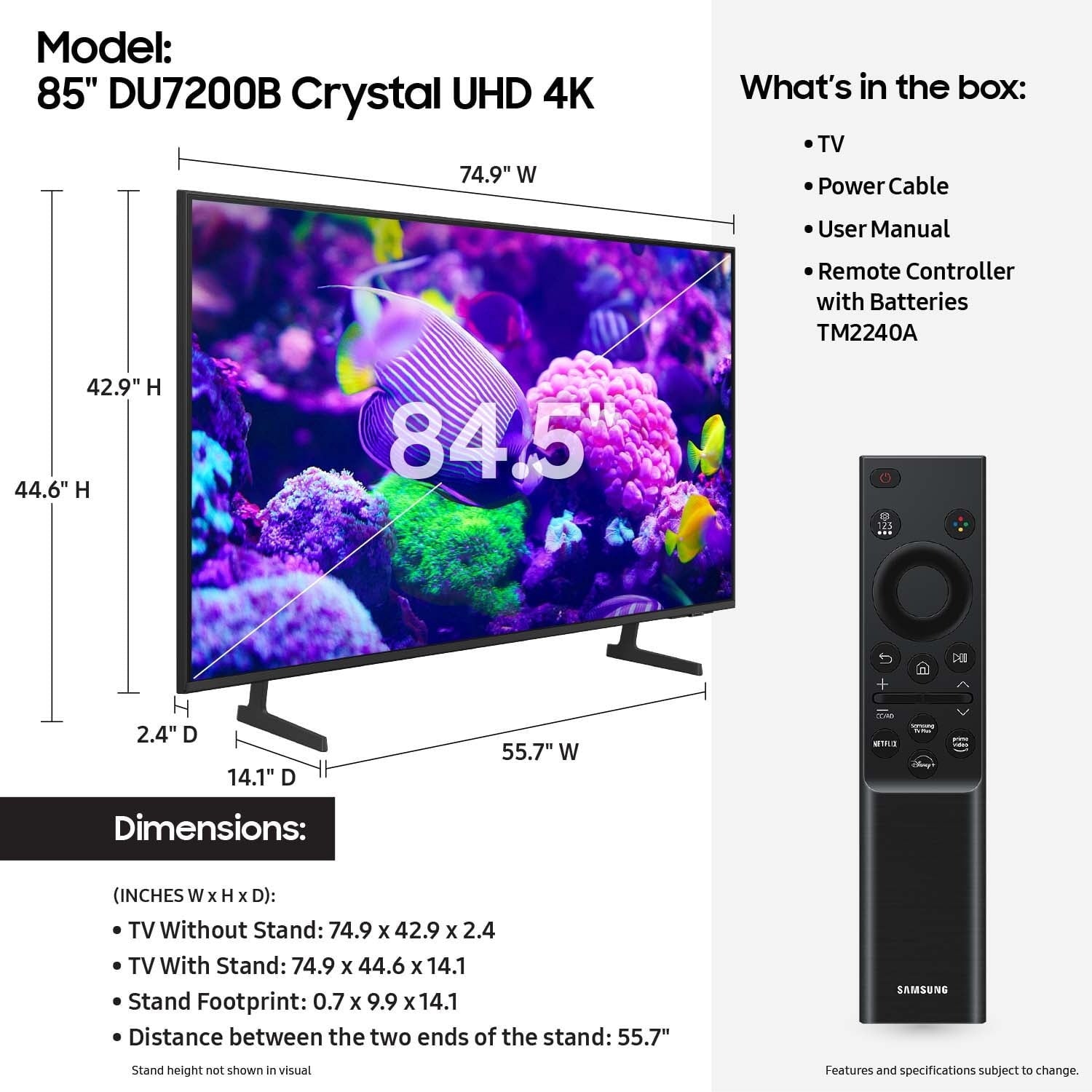 Samsung 85″ Crystal UHD 4K Smart TV DU7200B with PurColor, HDR and Tizen OS – 2024 Model