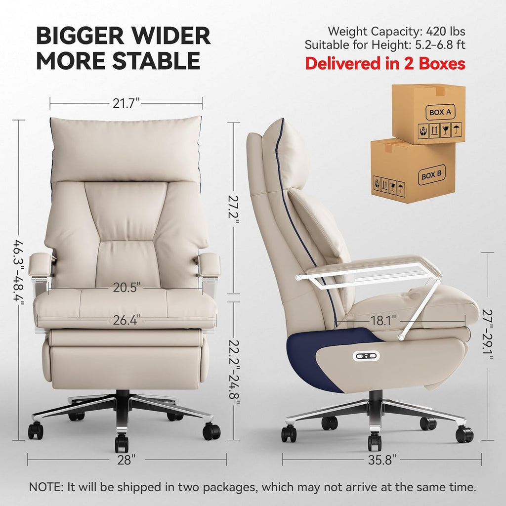 M80 executive chair with two motors and footrest, for tall and heavy people, up to 190 kg, beige