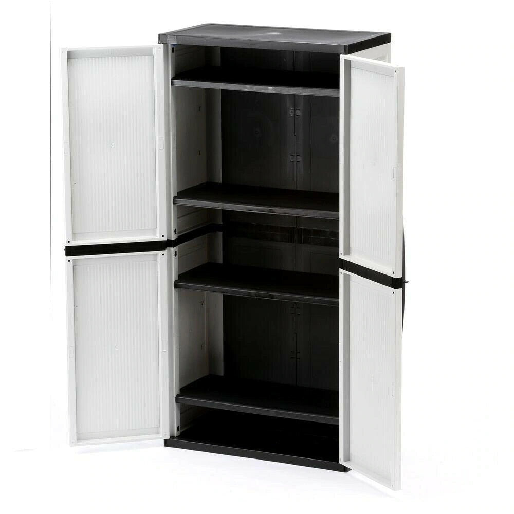 Freestanding garage cabinet made of grey plastic, model 2025, 89 cm W x 180 cm H x 46 cm D, with adjustable shelves and lockable doors.