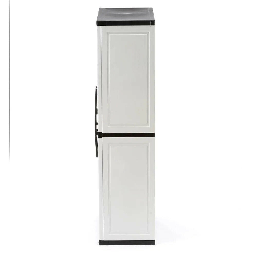 Freestanding garage cabinet made of grey plastic, model 2025, 89 cm W x 180 cm H x 46 cm D, with adjustable shelves and lockable doors.