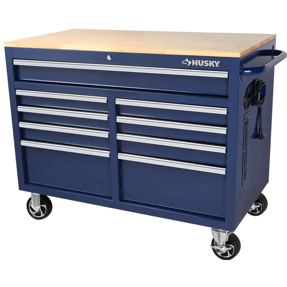 Mobile workbench with 9 drawers, hardwood top and power connection, 117 cm W x 62 cm D – high-gloss black