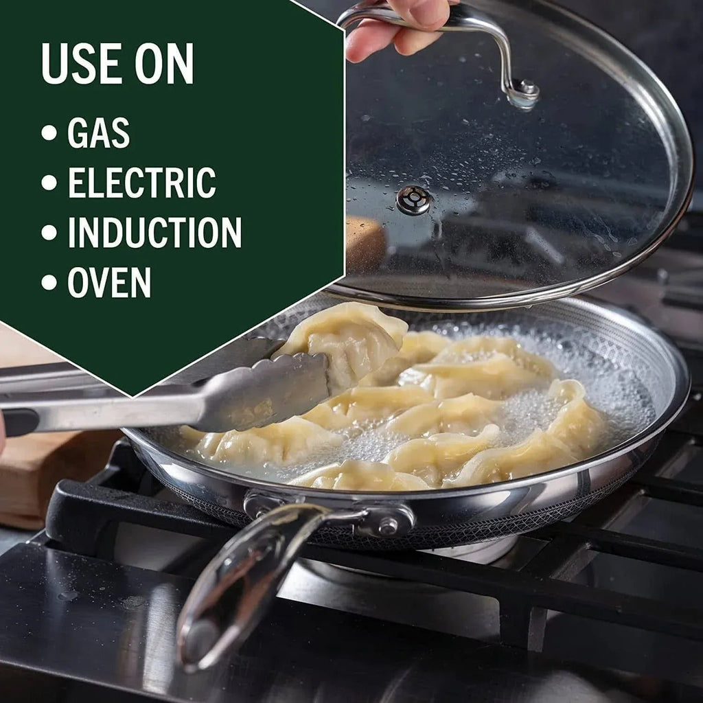 HexClad 6-piece hybrid stainless steel cookware set (8 inch, 10 inch, 12 inch) with glass lids, one size, black