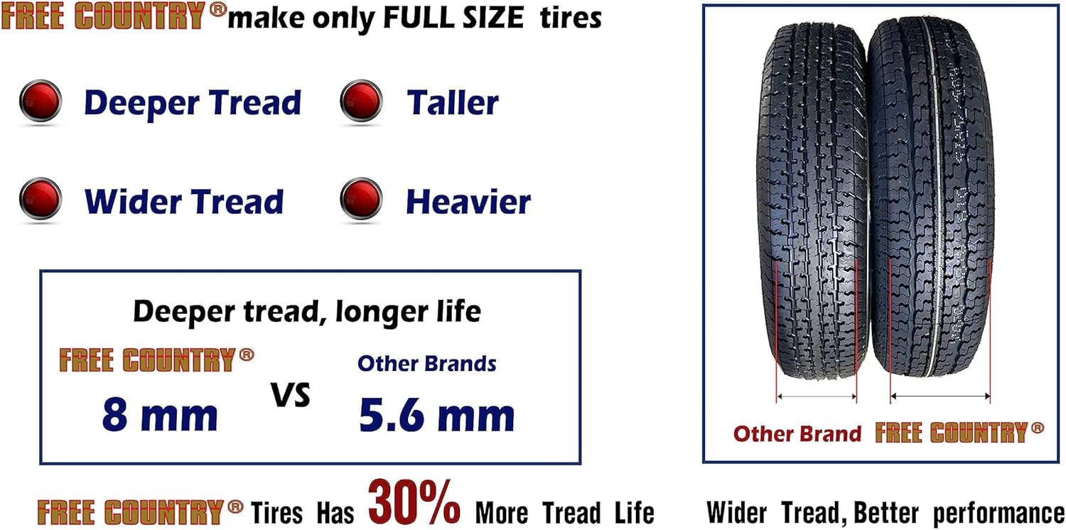 Set of 4 heavy-duty trailer tires ST205/75R15 205 75 15 10-ply, load class E, steel-belted radial tires with abrasion protection