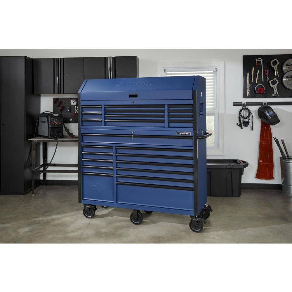 2025 56 inch W x 22 inch D Heavy-duty combination tool trolley with 23 drawers and tool cabinet in matte blue
