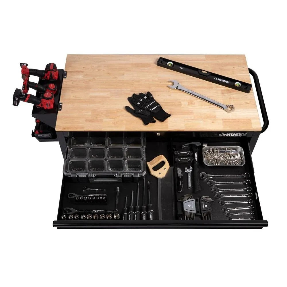 Mobile workbench with 9 drawers, hardwood top and power connection, 117 cm W x 62 cm D – high-gloss black