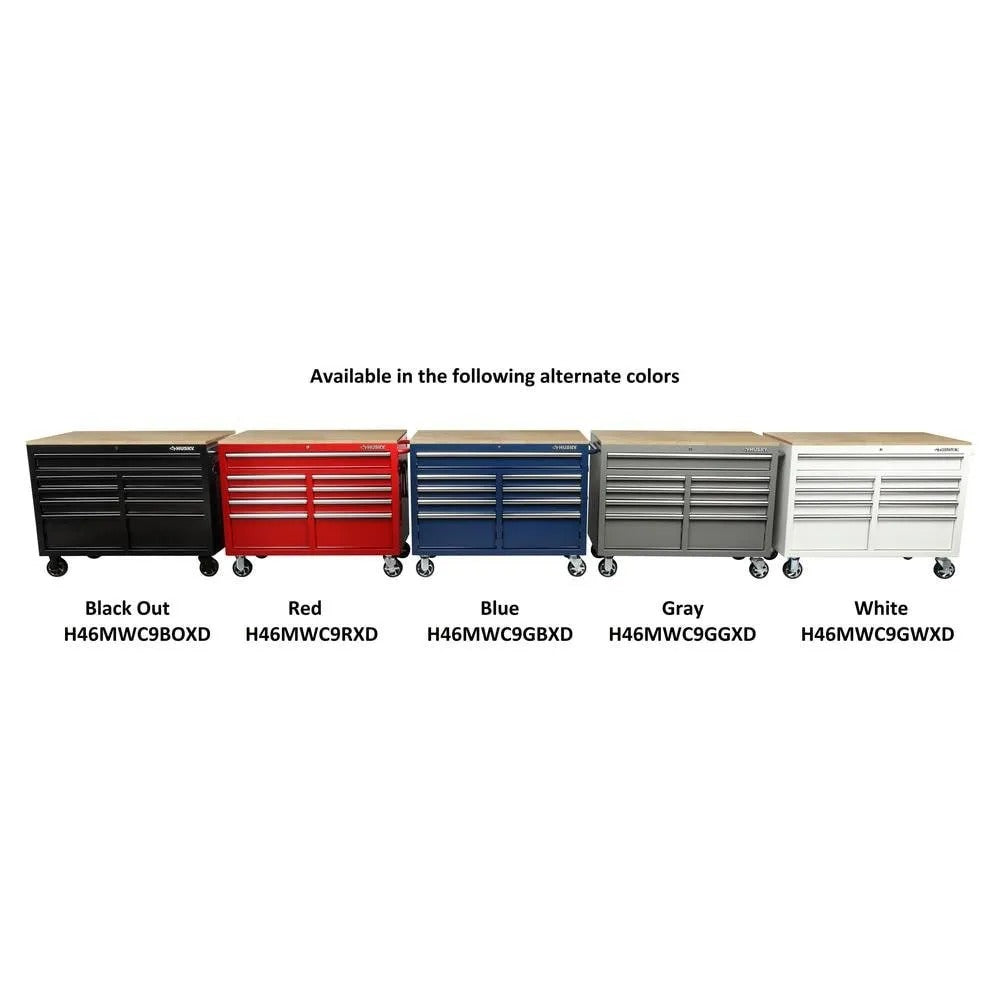 Mobile workbench with 9 drawers, hardwood top and power connection, 117 cm W x 62 cm D – high-gloss black