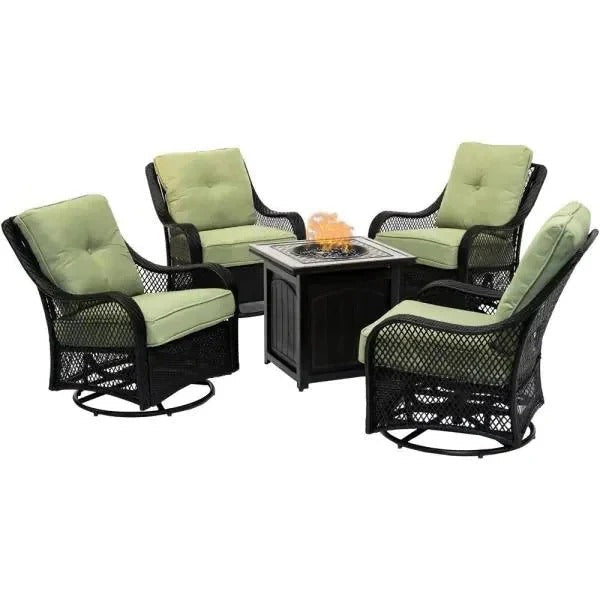 2025 5-piece steel patio fire pit seating set with navy blue cushions, swivel gliders and square fire pit table