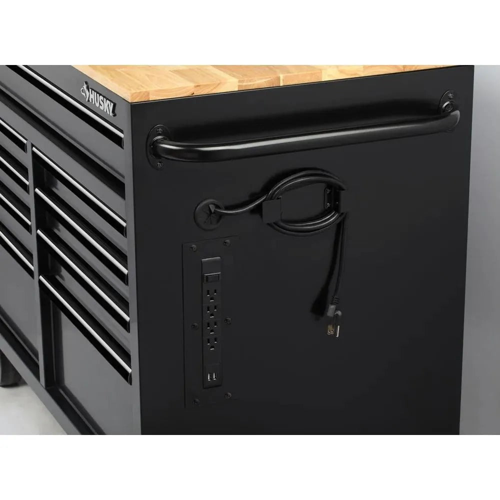 Mobile workbench with 9 drawers, hardwood top and power connection, 117 cm W x 62 cm D – high-gloss black