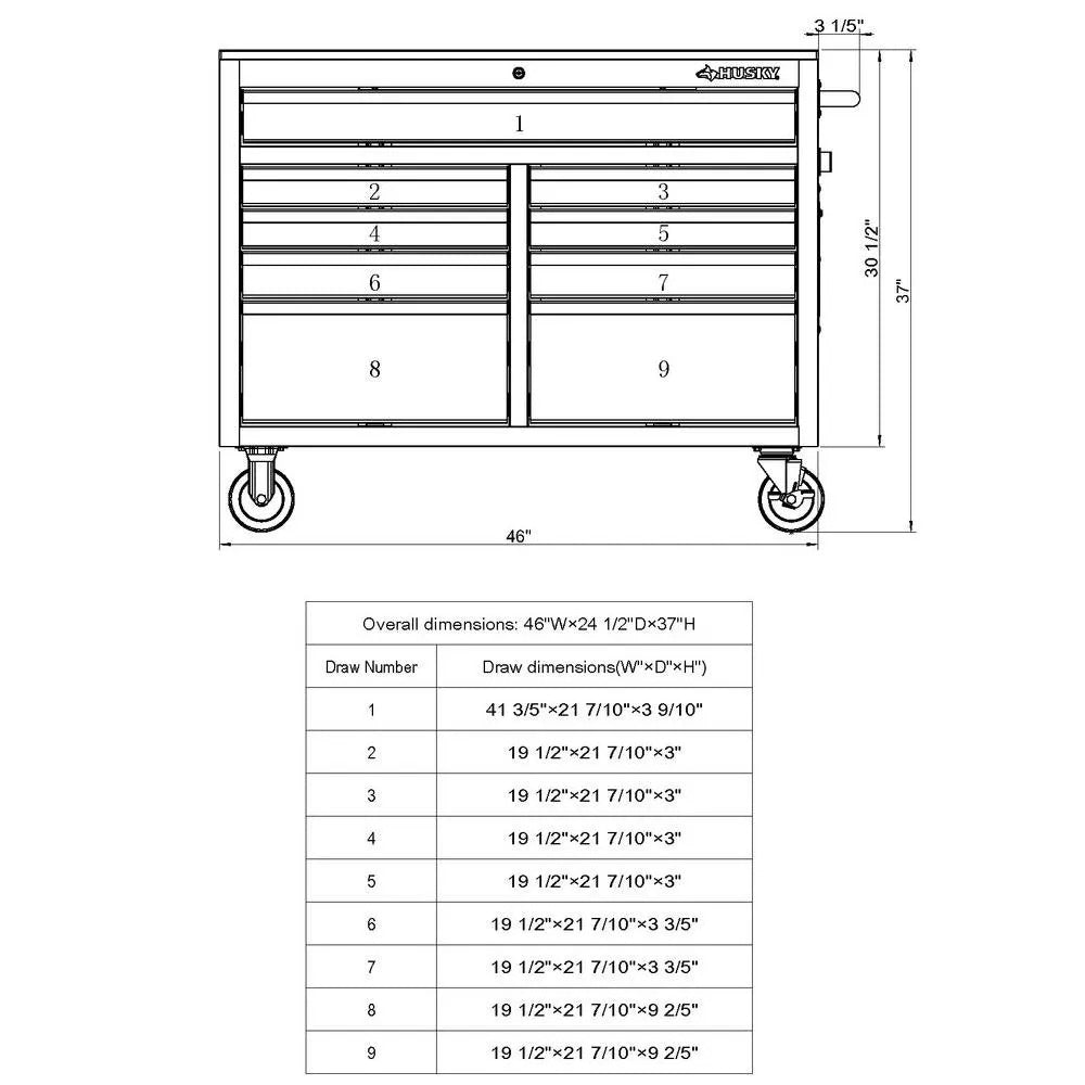 Mobile workbench with 9 drawers, hardwood top and power connection, 117 cm W x 62 cm D – high-gloss black