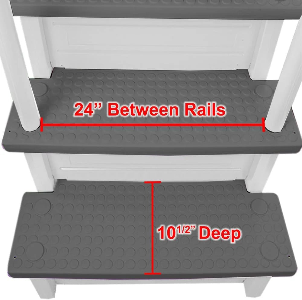 Non-slip pool entrance steps | Gray | Suitable for above-ground pools | Can be installed on patios with a height of 122 to 137 cm | Maximum load capacity 136 kg