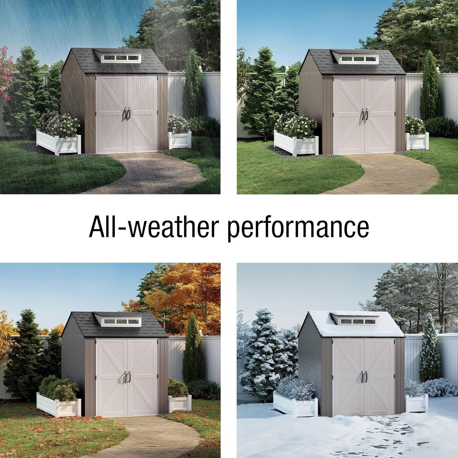 Rubbermaid resin garden shed with floor (2.13 x 2.13 m), weatherproof, grey, for storing garden tools, lawnmowers, bicycles and pool accessories