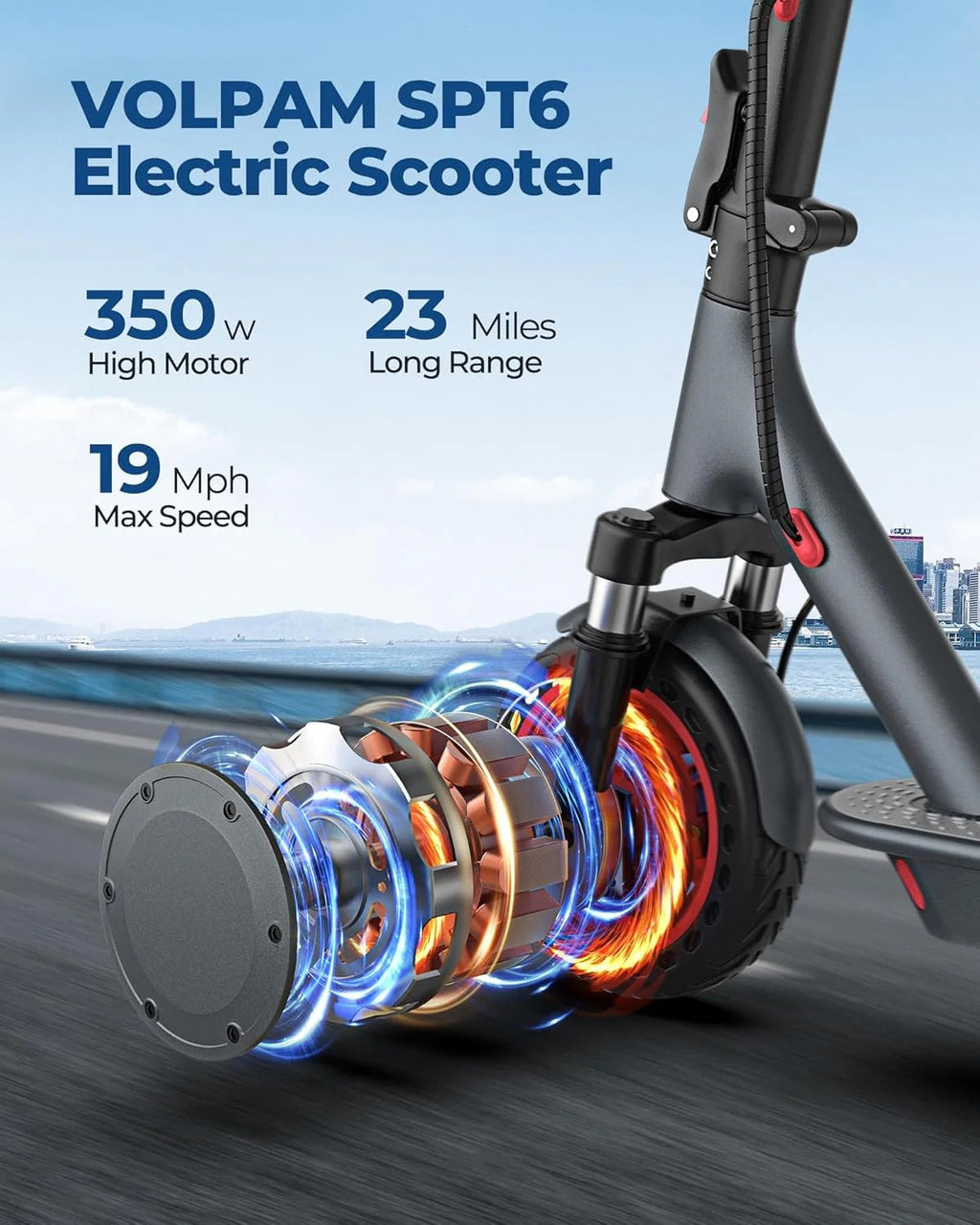 Electric scooter, 350W/500W powerful motor, 8.5"/10" solid rubber tires, 19/22 mph, 28/21/12 mile range, dual brakes