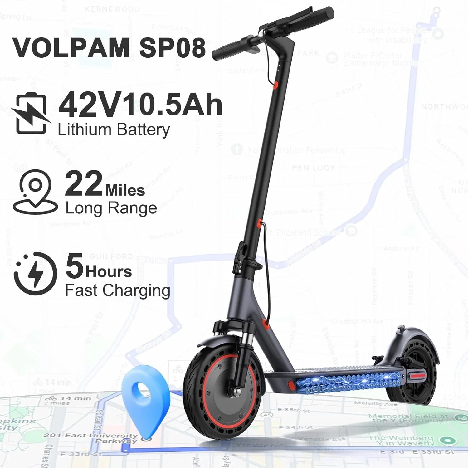 Electric scooter, 350W/500W powerful motor, 8.5"/10" solid rubber tires, 19/22 mph, 28/21/12 mile range, dual brakes